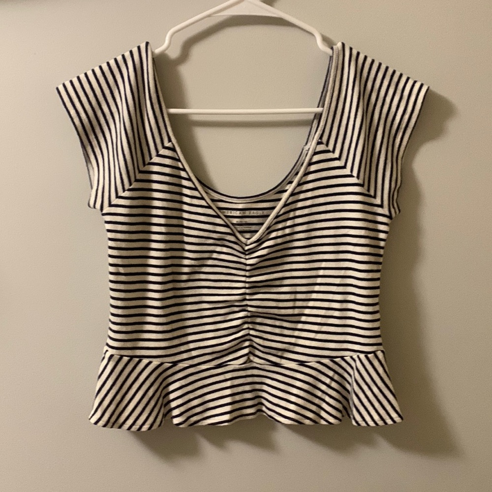 American Eagle White and Navy Striped Top